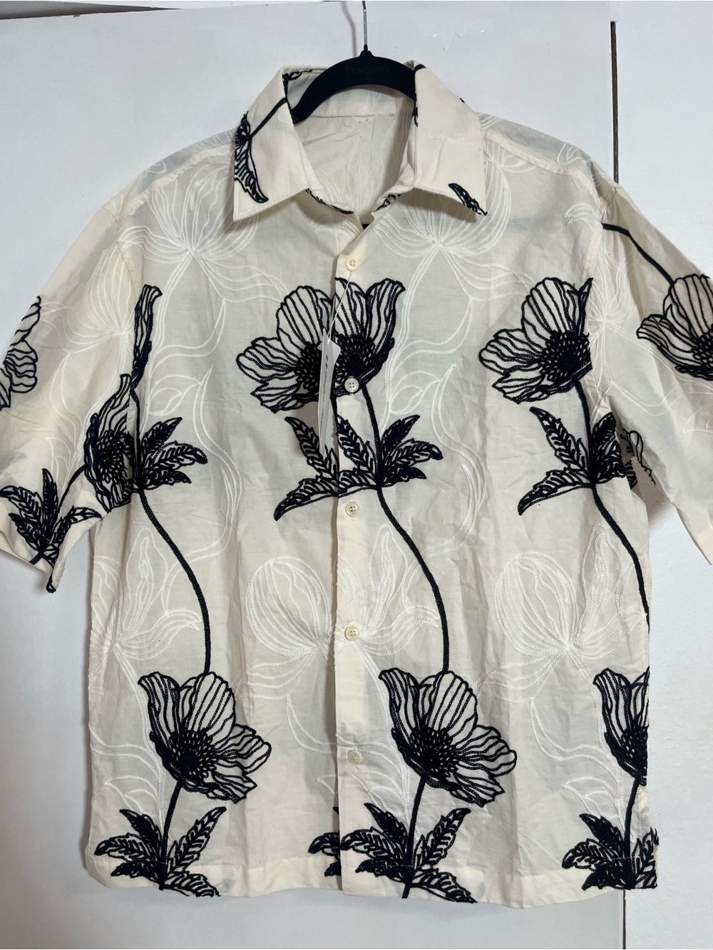 Men's Casual Cream Button-Down Shirt with Black Floral Embroidery